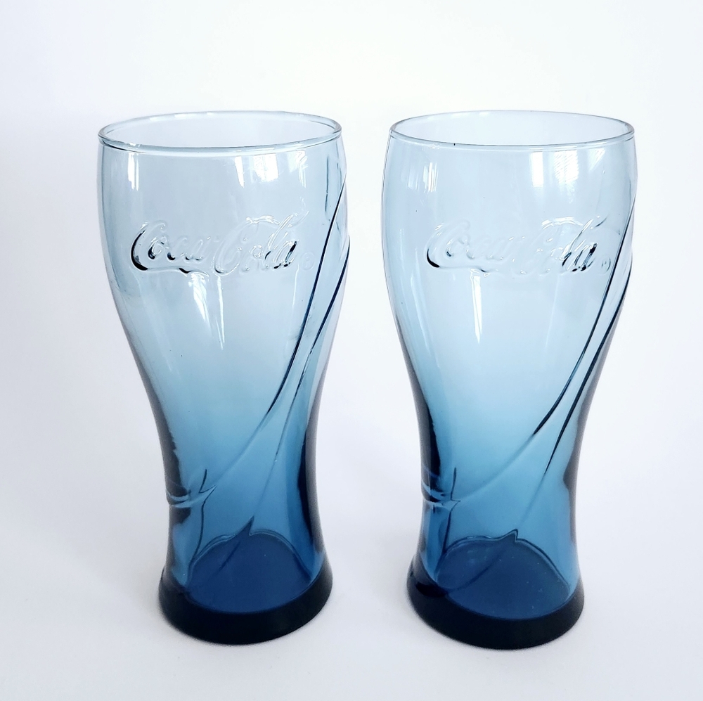 Set of 2 Vintage Blue Glass Coca-Cola Drinking Cups, Pop Coca Cola Drinkware